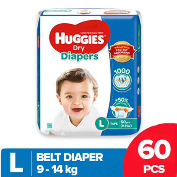 Huggies Dry Baby Diaper Belt L (9-14 kg) 60 pcs (Packaging Image Of The Product May Vary)