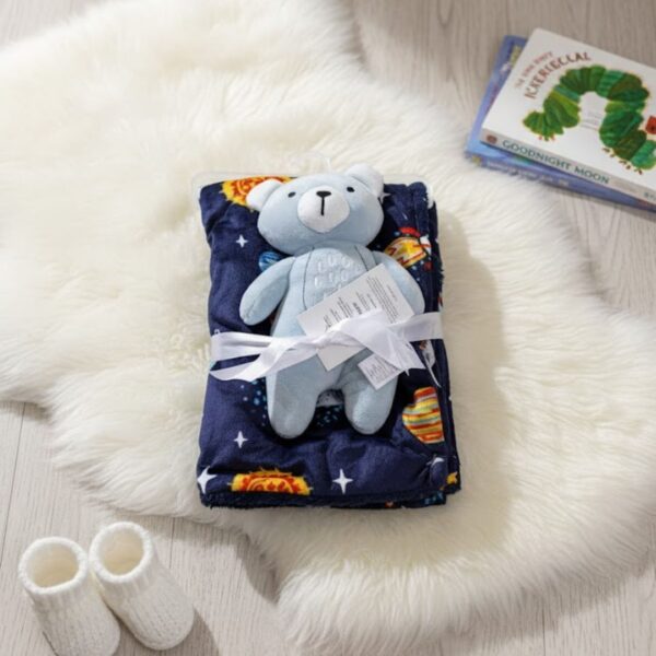 Newborn Baby Plush Blanket, Lambswool Fleece Fabric, With Cute Plush Toy Doll (Size 38.5*27 inch) (Toy Teddy & Space Blanket)
