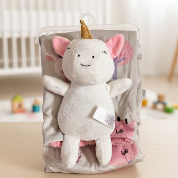 Newborn Baby Plush Blanket, Lambswool Fleece Fabric, With Cute Plush Toy Doll (Size 38.5*27 inch) (Toy Unicorn & Deer Blanket)