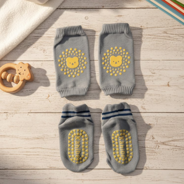 Anti-Slip Baby Knee Pads and Socks Set for Crawling and Walking 6 month Plus (Yellow Gray)