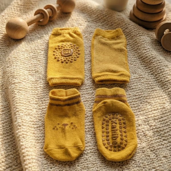 Anti-Slip Baby Knee Pads and Socks Set for Crawling and Walking 6 month Plus (Golden Yellow)