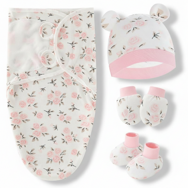 Baby Swaddle Wrapper Set 4 Pcs Fabric Cotton (0-6 month) (Pink Flower 2)