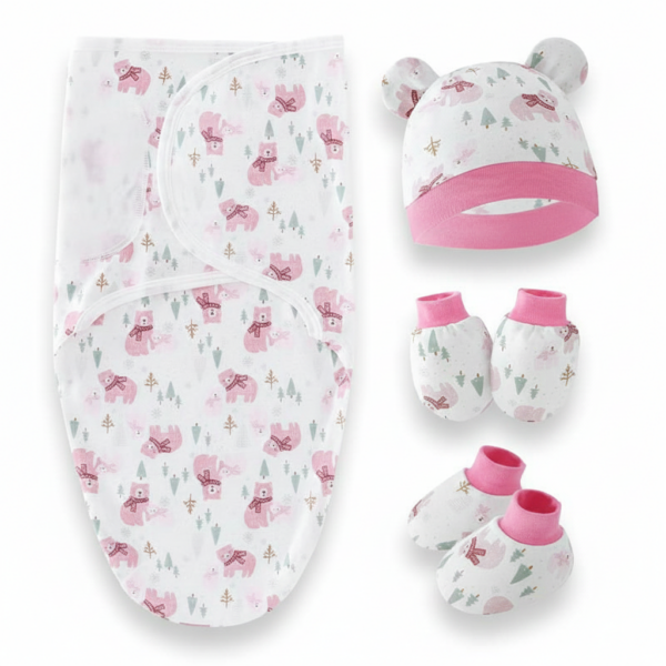 Baby Swaddle Wrapper Set 4 Pcs Fabric Cotton (0-6 month) (White Pink)