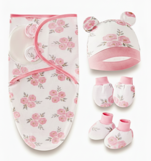 Baby Swaddle Wrapper Set 4 Pcs Fabric Cotton (0-6 month) (Pink Flower)
