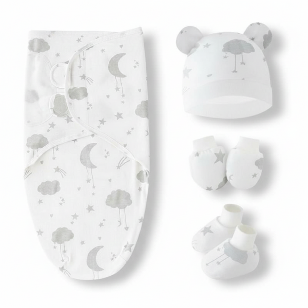 Baby Swaddle Wrapper Set 4 Pcs Fabric Cotton (0-6 month) (White Star)