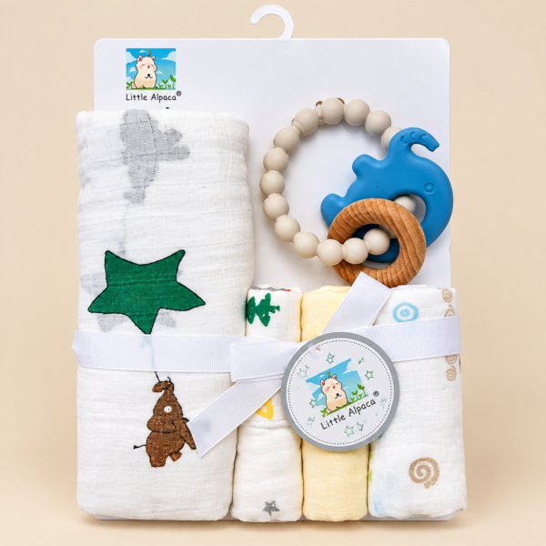 Premium Baby Gift Set, Towel 75*75cm, Face Towel 20*20cm, Teether (Star Elephant)