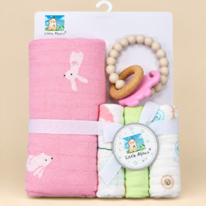 Premium Baby Gift Set, Towel 75*75cm, Face Towel 20*20cm, Teether (Pink Rabbit)
