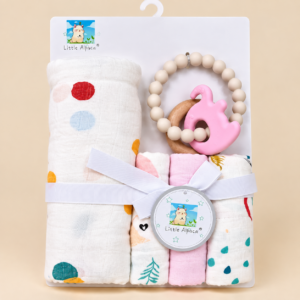 Premium Baby Gift Set, Towel 75*75cm, Face Towel 20*20cm, Teether (Dots)