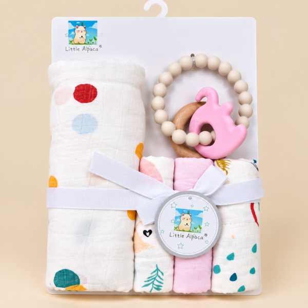 Premium Baby Gift Set, Towel 75*75cm, Face Towel 20*20cm, Teether (Dots)
