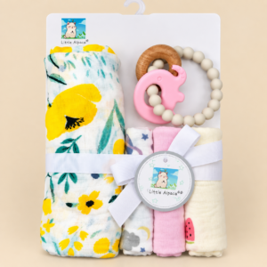 Premium Baby Gift Set, Towel 75*75cm, Face Towel 20*20cm, Teether (Yellow Flower)