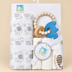 Premium Baby Gift Set, Towel 75*75cm, Face Towel 20*20cm, Teether (Elephant)