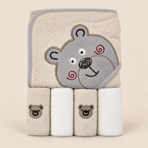 Baby Hooded Bath Towel (76*76 cm) and Washcloths Extra Soft (25*25 cm) and Ultra Absorbent 5 Pack (Teddy)