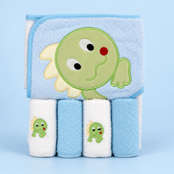 Baby Hooded Bath Towel (76*76 cm) and Washcloths Extra Soft (25*25 cm) and Ultra Absorbent 5 Pack (Dragon)