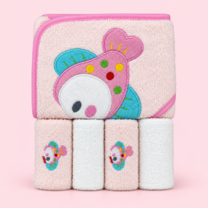 Baby Hooded Bath Towel (76*76 cm) and Washcloths Extra Soft (25*25 cm) and Ultra Absorbent 5 Pack (Fish)