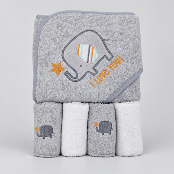 Baby Hooded Bath Towel (76*76 cm) and Washcloths Extra Soft (25*25 cm) and Ultra Absorbent 5 Pack (Elephant)