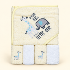 Baby Hooded Bath Towel (76*76 cm) and Washcloths Extra Soft (25*25 cm) and Ultra Absorbent 5 Pack (Giraffe & Ele)