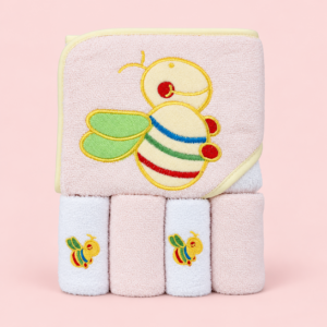 Baby Hooded Bath Towel (76*76 cm) and Washcloths Extra Soft (25*25 cm) and Ultra Absorbent 5 Pack (Bee)