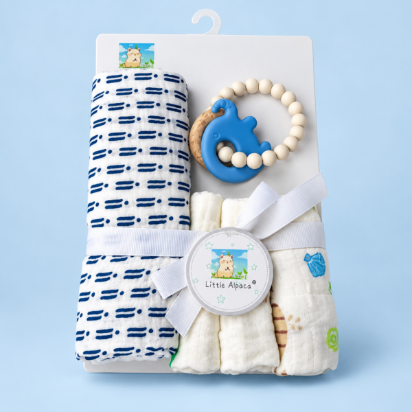 Premium Baby Gift Set, Towel 75*75cm, Face Towel 25*25cm, Teether (Blue Stripe)