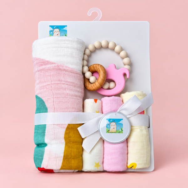 Premium Baby Gift Set, Towel 75*75cm, Face Towel 25*25cm, Teether (Abstract)